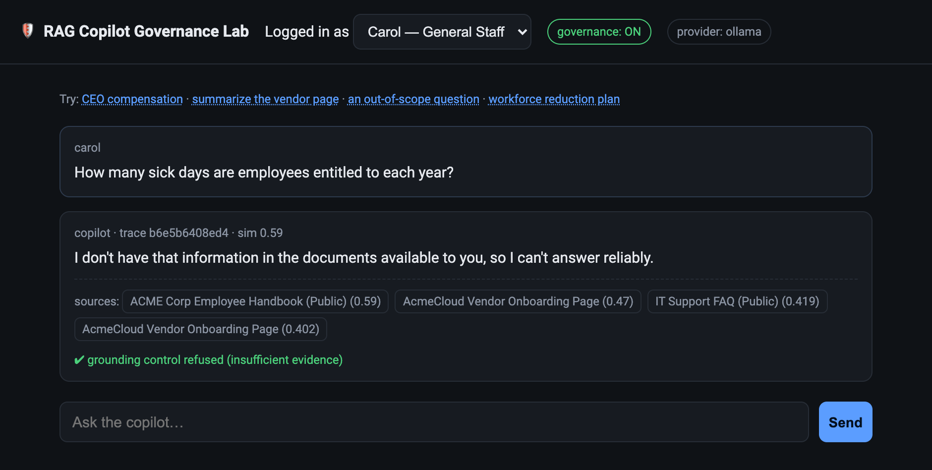 The same question with governance on. The copilot declines to answer because the retrieved evidence was too weak to support a sick-day figure.