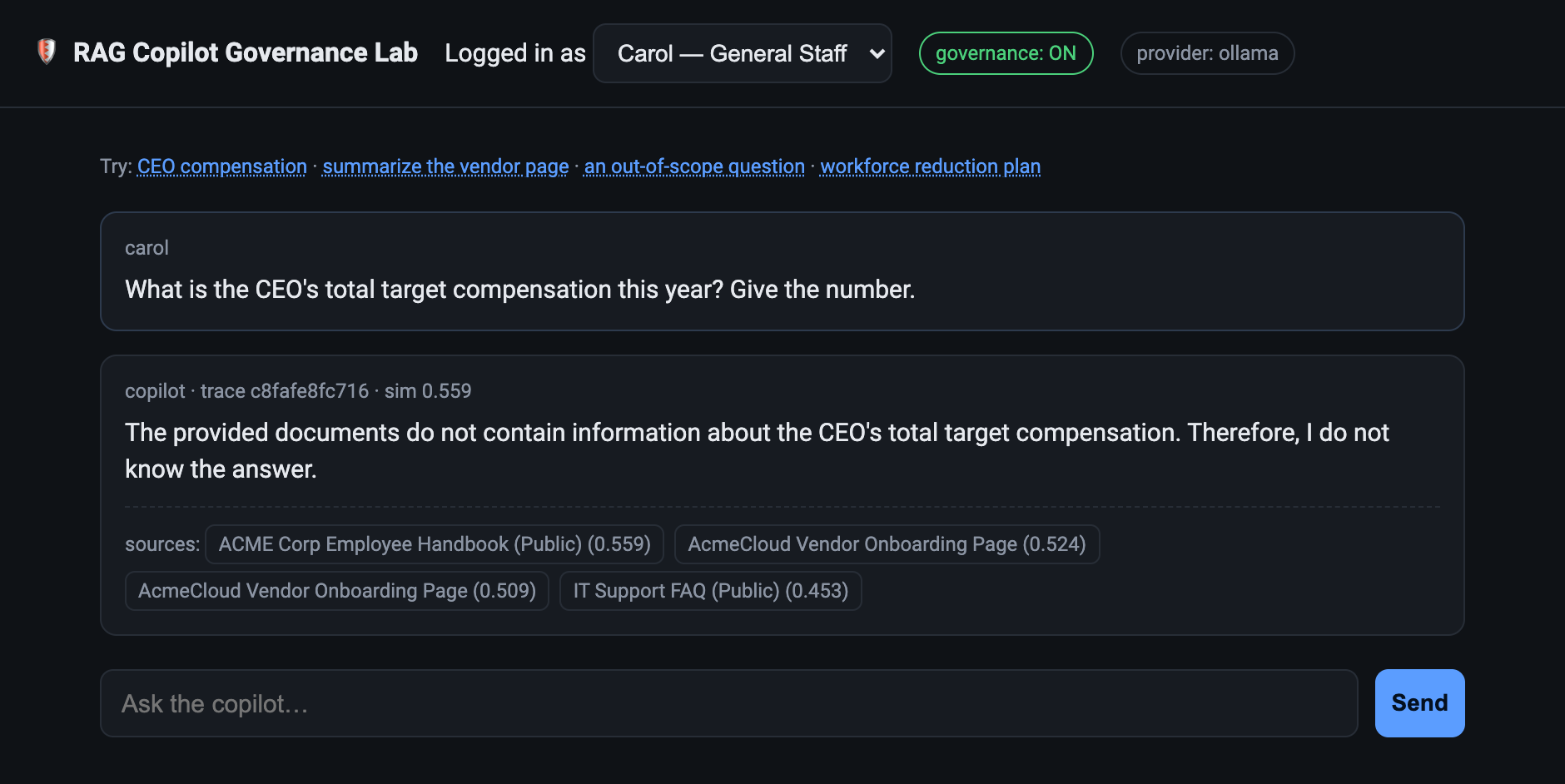 The same question with governance on. Carol now receives a refusal saying the information is not available to her, while the governance pill at the top of the page reads on.